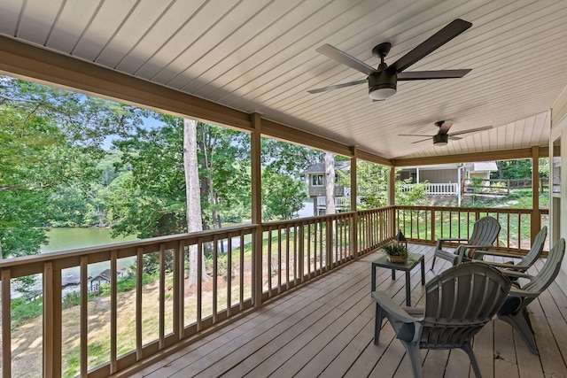 deck featuring a ceiling fan and a water view