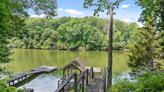 dock area with a wooded view and a water view