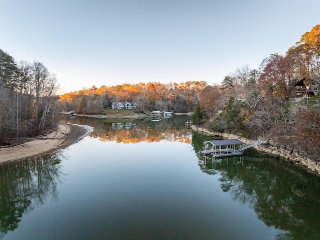 view of water feature featuring a forest view and a boat dock