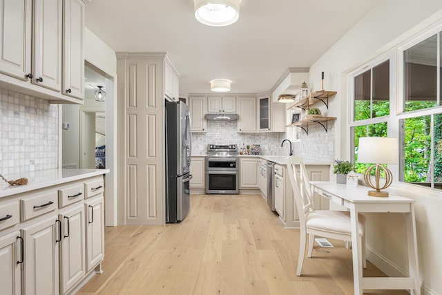 kitchen featuring tasteful backsplash, appliances with stainless steel finishes, light countertops, and light wood-style floors