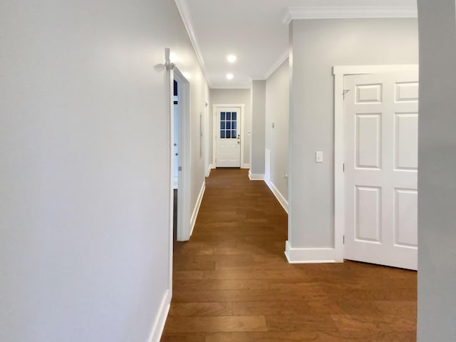 hall with crown molding and dark wood-type flooring