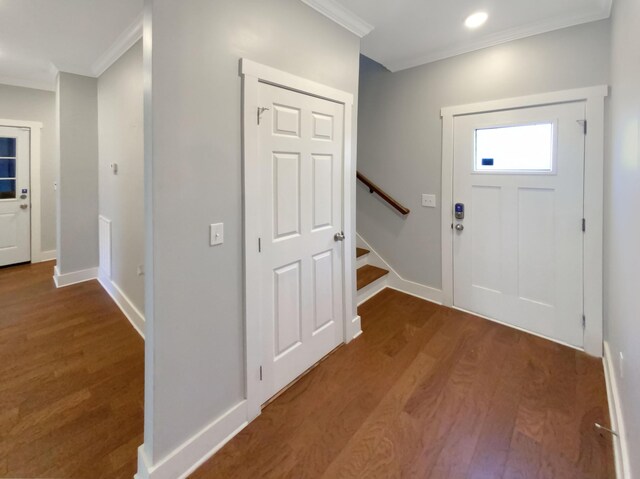 9693 W Ridge Trail Rd, Soddy Daisy, TN 37379 - entryway featuring crown molding, wood finished floors, baseboards, stairway, and recessed lighting