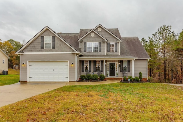 craftsman-style home with a porch, a front lawn, and central air condition unit