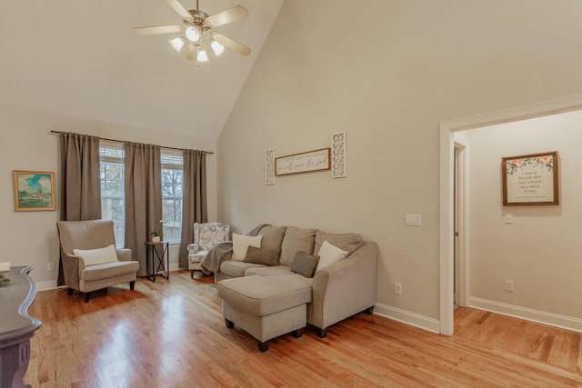 425 Wildewood Trl, Chickamauga, GA 30707 - living room with light wood-style floors, high vaulted ceiling, ceiling fan, and baseboards