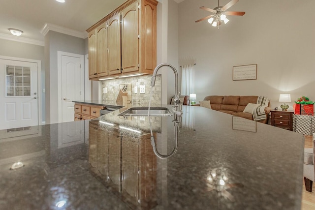 425 Wildewood Trl, Chickamauga, GA 30707 - kitchen featuring ornamental molding, a peninsula, a ceiling fan, decorative backsplash, and a sink