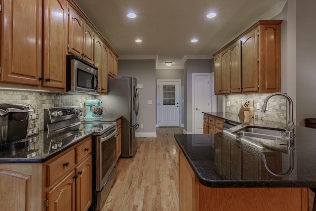 425 Wildewood Trl, Chickamauga, GA 30707 - kitchen featuring a sink, appliances with stainless steel finishes, a peninsula, crown molding, and dark stone counters