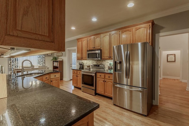 425 Wildewood Trl, Chickamauga, GA 30707 - kitchen featuring tasteful backsplash, ornamental molding, light wood-style flooring, appliances with stainless steel finishes, and a sink