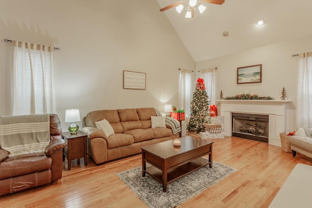 425 Wildewood Trl, Chickamauga, GA 30707 - living room featuring light wood-style flooring, a healthy amount of sunlight, high vaulted ceiling, and a ceiling fan