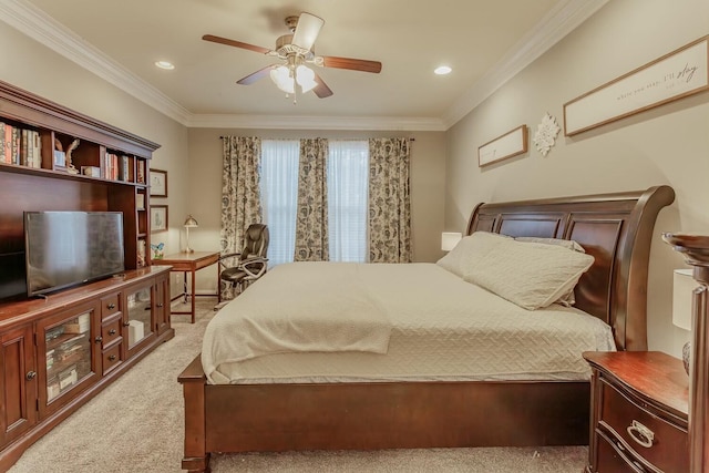425 Wildewood Trl, Chickamauga, GA 30707 - bedroom featuring crown molding, recessed lighting, light carpet, and a ceiling fan