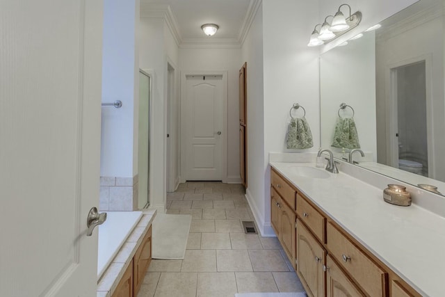 425 Wildewood Trl, Chickamauga, GA 30707 - bathroom with crown molding, a shower stall, vanity, tile patterned flooring, and toilet