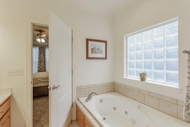 425 Wildewood Trl, Chickamauga, GA 30707 - full bath featuring crown molding, vanity, ensuite bath, a ceiling fan, and a whirlpool tub