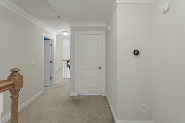 425 Wildewood Trl, Chickamauga, GA 30707 - hall with baseboards, ornamental molding, light carpet, an upstairs landing, and attic access