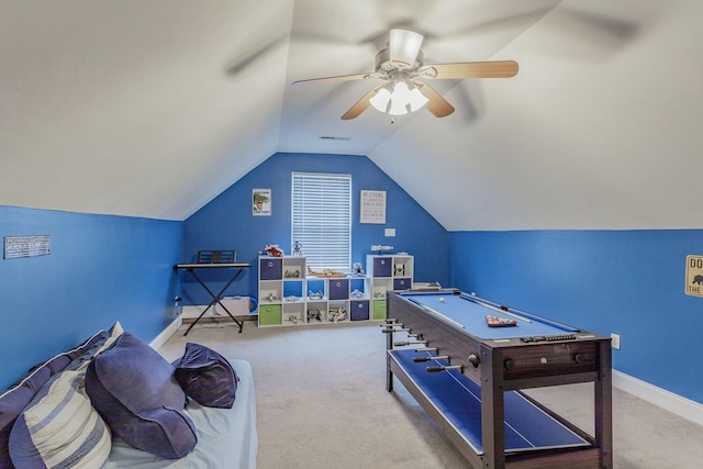 425 Wildewood Trl, Chickamauga, GA 30707 - game room with baseboards, a ceiling fan, carpet flooring, and lofted ceiling
