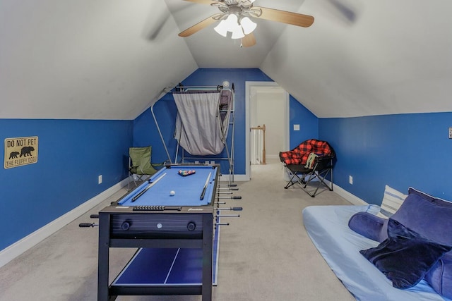 425 Wildewood Trl, Chickamauga, GA 30707 - recreation room featuring pool table, baseboards, vaulted ceiling, a ceiling fan, and carpet floors