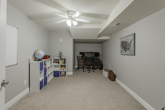 425 Wildewood Trl, Chickamauga, GA 30707 - office area featuring visible vents, ceiling fan, light colored carpet, and baseboards