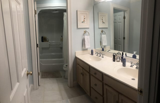 full bathroom with vanity, toilet, and shower / bathtub combination with curtain