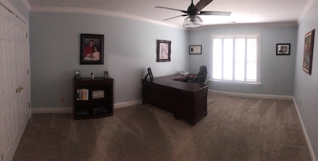 carpeted office space with ceiling fan and crown molding