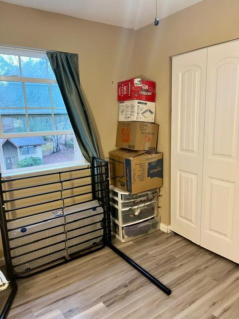 bedroom with a closet and hardwood / wood-style floors