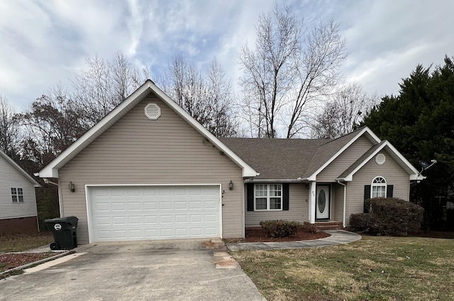 single story home featuring a front yard and a garage