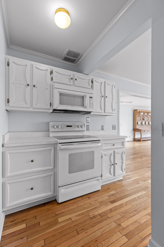 kitchen with white cabinets, light hardwood / wood-style flooring, range with electric stovetop, and ornamental molding