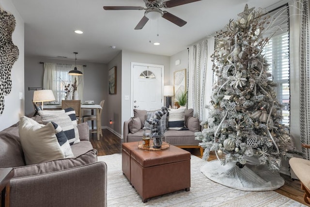 living room with ceiling fan, a healthy amount of sunlight, and light hardwood / wood-style floors