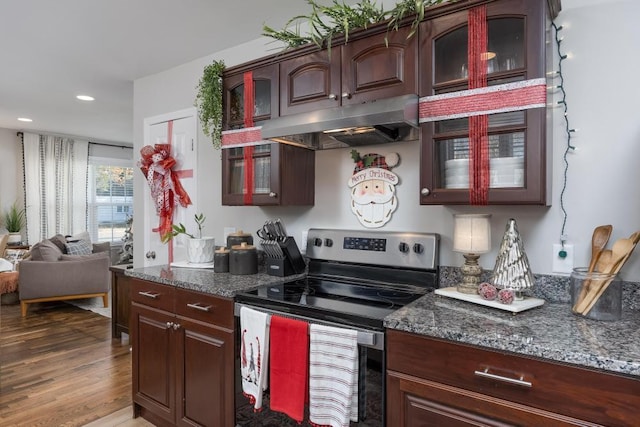 kitchen featuring hardwood / wood-style flooring, dark stone countertops, electric stove, and dark brown cabinetry