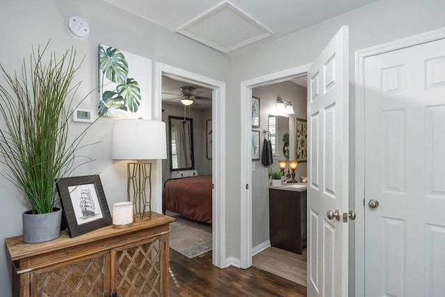 hallway with dark hardwood / wood-style floors