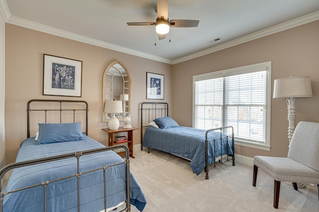 bedroom with ceiling fan, light colored carpet, and ornamental molding