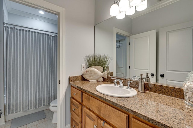 bathroom featuring vanity, crown molding, an inviting chandelier, tile patterned flooring, and toilet