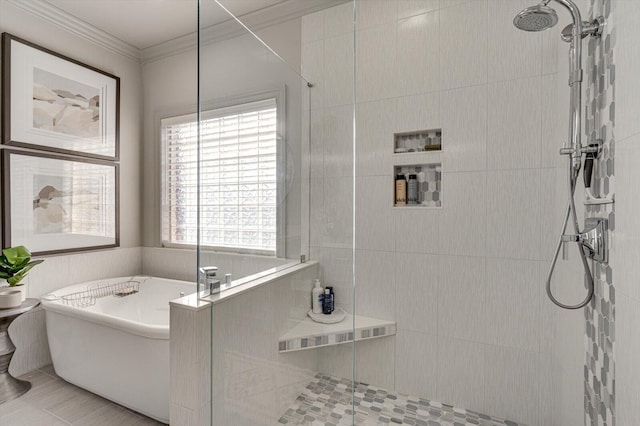 bathroom featuring plus walk in shower, tile patterned flooring, and ornamental molding