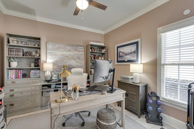 tiled office space with ceiling fan and ornamental molding