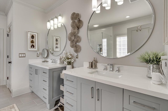 bathroom with vanity, crown molding, and walk in shower