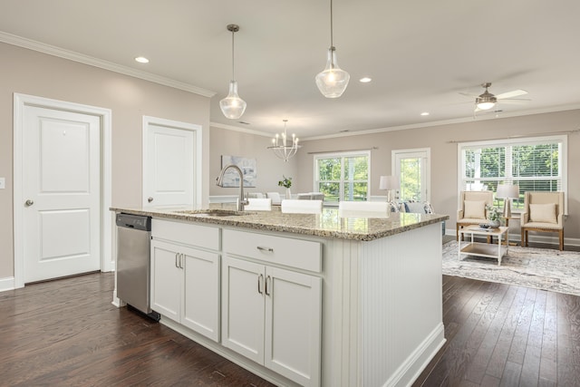 kitchen with stainless steel dishwasher, sink, a center island with sink, dark hardwood / wood-style floors, and white cabinetry