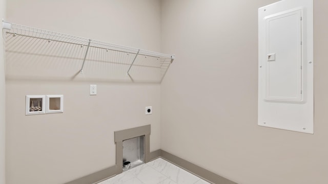 washroom with electric panel, hookup for a washing machine, and electric dryer hookup