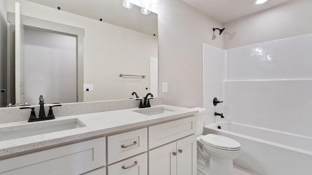 full bathroom featuring shower / tub combination, vanity, toilet, and tile patterned floors