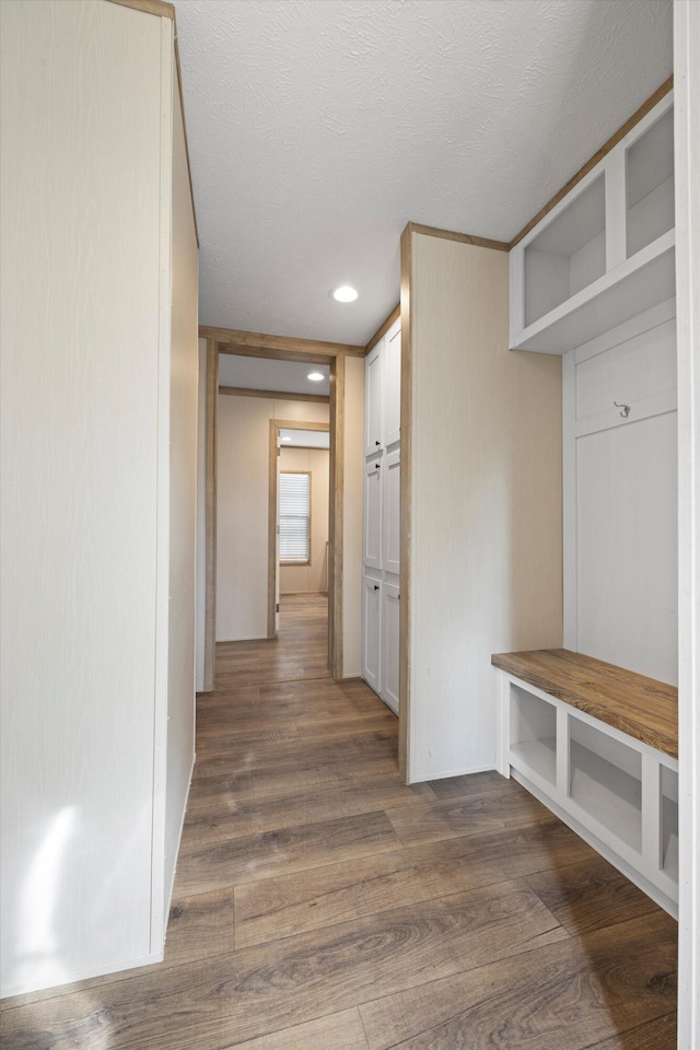 mudroom with a textured ceiling and dark wood-type flooring