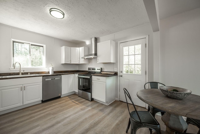 kitchen with white cabinets, appliances with stainless steel finishes, wall chimney range hood, and sink