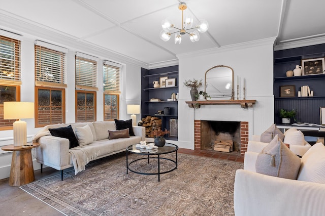 living room featuring a brick fireplace, an inviting chandelier, built in features, and crown molding