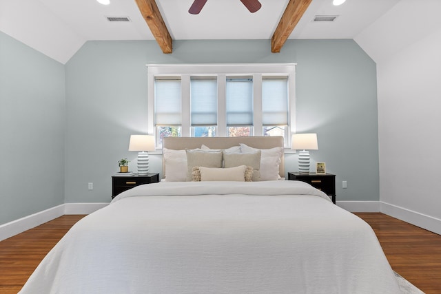 bedroom with vaulted ceiling with beams, dark hardwood / wood-style floors, and ceiling fan