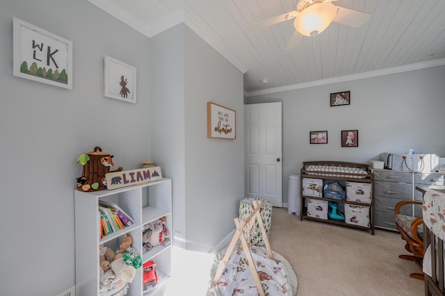 bedroom with light carpet, ceiling fan, crown molding, and wood ceiling