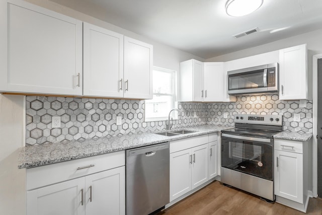 kitchen featuring white cabinetry, sink, backsplash, light hardwood / wood-style floors, and appliances with stainless steel finishes