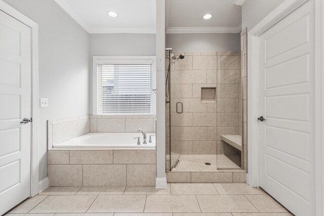 bathroom with tile patterned flooring, independent shower and bath, and crown molding