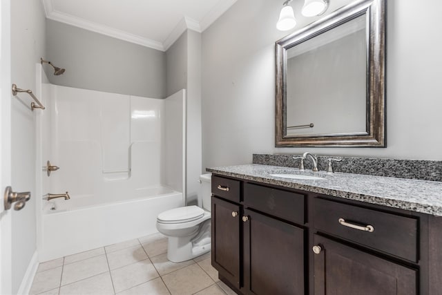 full bathroom featuring shower / bath combination, tile patterned floors, ornamental molding, vanity, and toilet