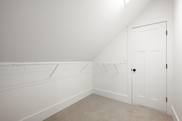 spacious closet featuring light carpet and lofted ceiling