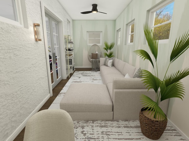 interior space with dark hardwood / wood-style floors and ceiling fan