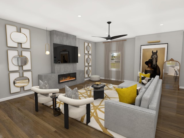 living room with ceiling fan, a fireplace, and dark hardwood / wood-style floors