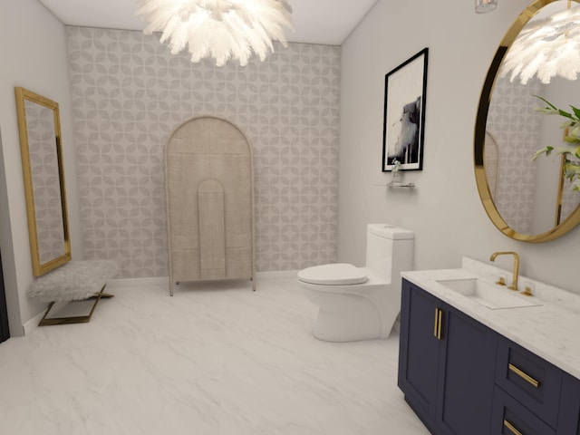 bathroom featuring a shower, vanity, a notable chandelier, and toilet