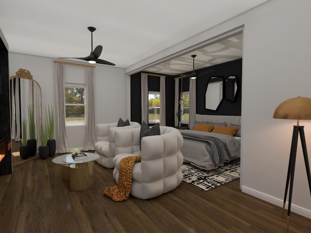 bedroom featuring dark hardwood / wood-style floors and ceiling fan