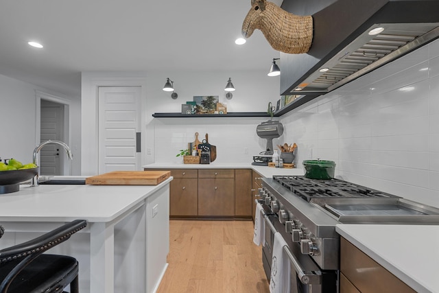 kitchen with sink, wall chimney range hood, backsplash, light wood-type flooring, and appliances with stainless steel finishes