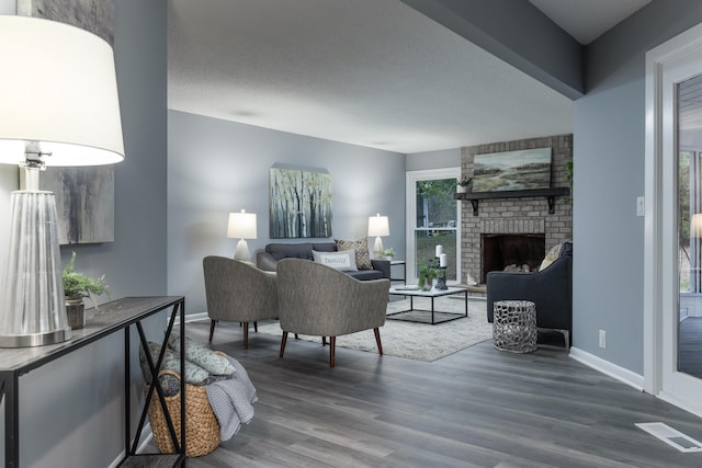 living room with wood-type flooring and a fireplace